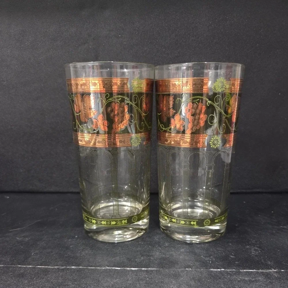 Cera Green & Golden Grapes Highball Glasses, Set of 2, Vintage Tumblers, Barware